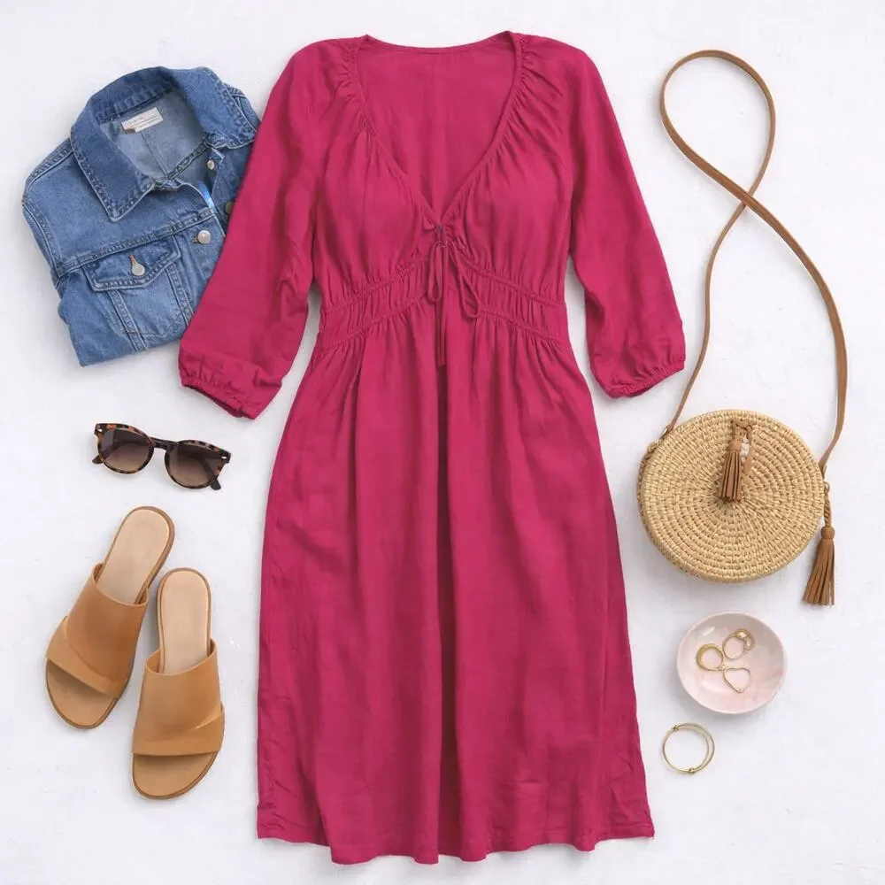 Universal Thread Linen Blend Fuchsia Midi Dress Pockets Size L - Picture 2 of 7